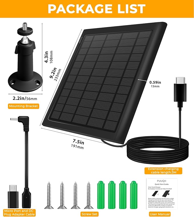 8W Solar Panel for Ring Camera, 3-Pack Solar Panel Charger Compatible with Ring Stick Up Cam Battery, Spotlight Cam Battery, Includes Barrel Plug to USB-C Adapter, IP65 Waterproof, 10ft Cable