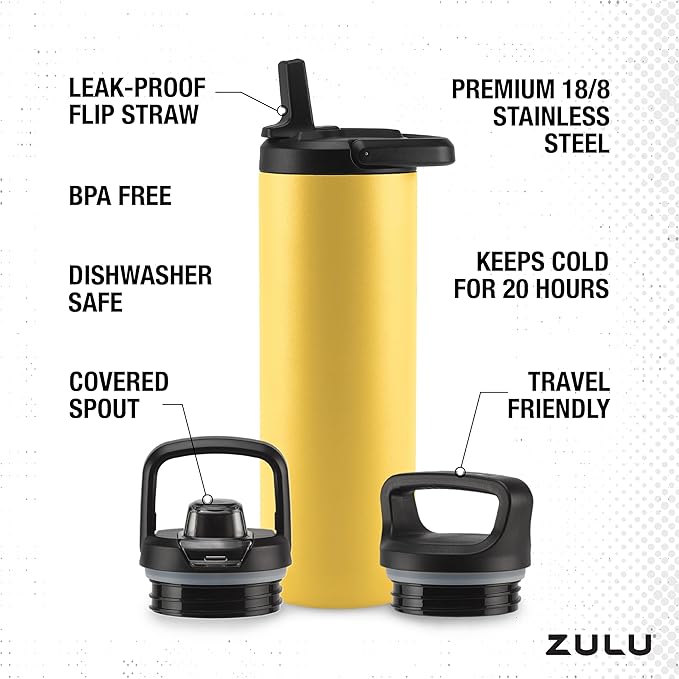 ZULU Base 24oz Stainless Steel Water Bottle with 3 Lids- Straw, Chug, Twist | Double Walled and Vacuum Insulated Metal Thermos | Fits Car Cupholder, Built in Carry Loop, Dishwasher Safe, Vitamin C