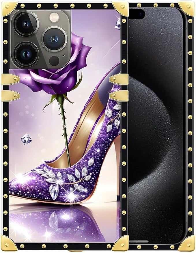 Compatible with iPhone 16 Pro Max Case, High Heeled Purple Diamond Rose Luxury Golden Decoration for Girl Women Soft TPU Shockproof Protective Hard PC Back for iPhone 16 Pro Max