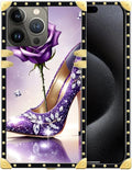 Compatible with iPhone 16 Pro Max Case, High Heeled Purple Diamond Rose Luxury Golden Decoration for Girl Women Soft TPU Shockproof Protective Hard PC Back for iPhone 16 Pro Max