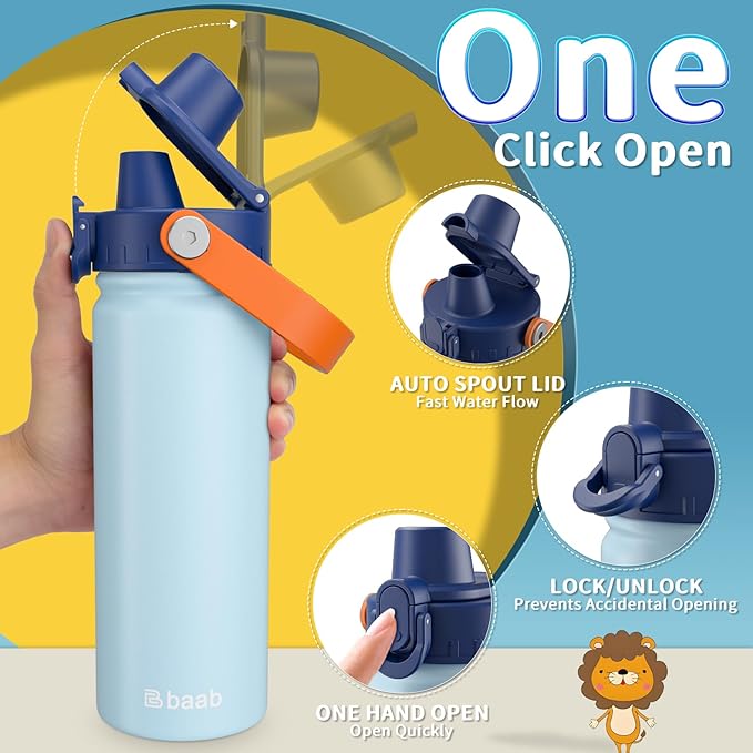 baab 18oz Kids Water Bottle, Insulated Kids Water Bottle with Lockable Spout Lid & Stickers, 18/8 Stainless Steel Vacuum Leakproof Kid Water Cup with Handle for Boy & School (Light Blue+Navy Blue)