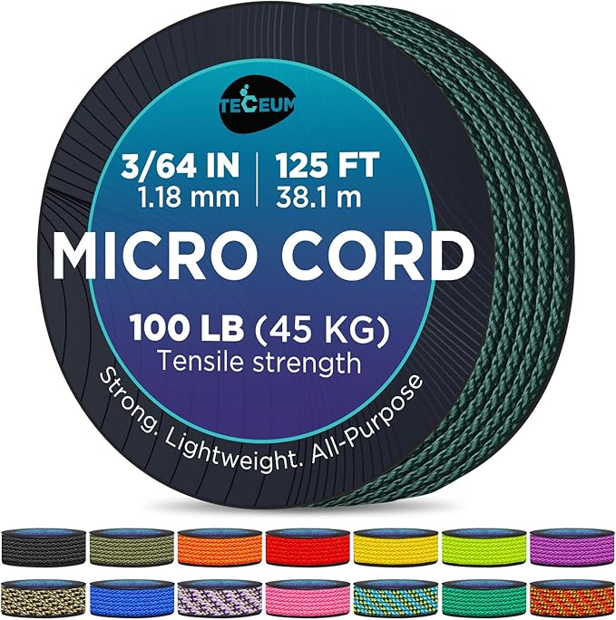 TECEUM Micro Paracord – 1.18 mm X 125 ft – Micro Utility Cord – Thin Braided Paracord Rope – Best for Crafting, DIY Projects, Fishing, Camping – Wind Chime Replacement – Survival Strong String