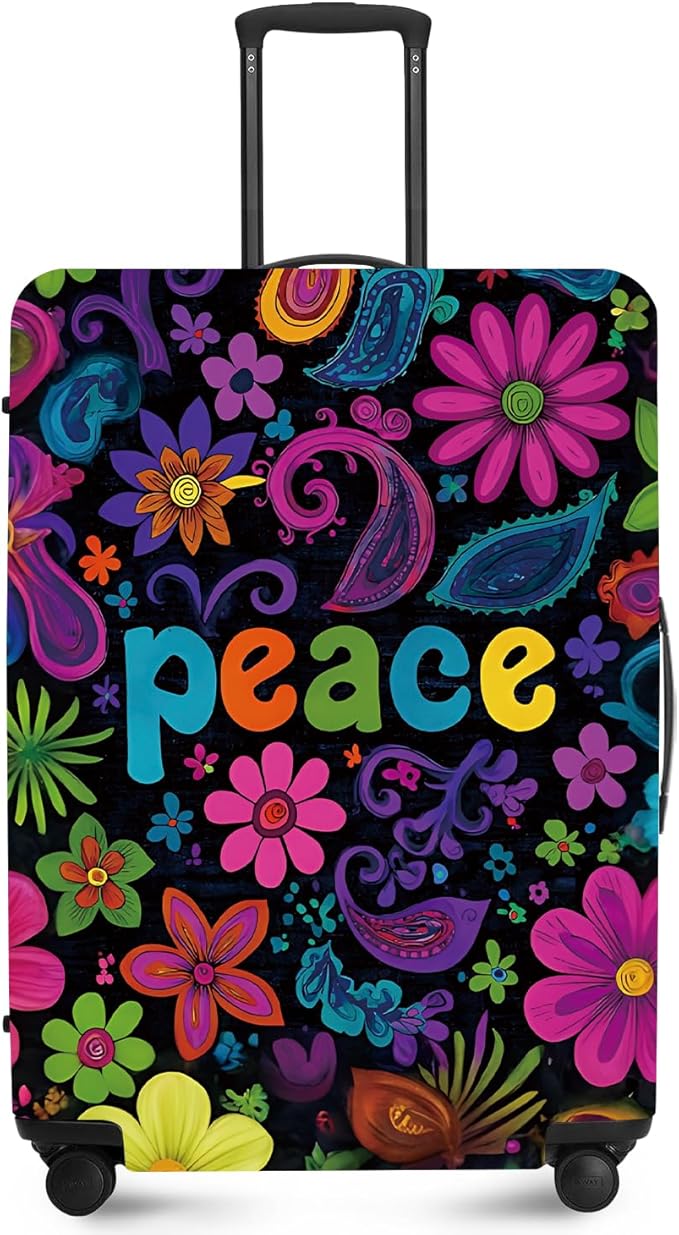 ANNA QUEEN Peace Flowers Travel Luggage Cover -Spring Stretchable Airplane Suitcase Protector Sleeve,Universal Washable Fit for 20-22 Inch Checked Baggage,Water Resistant Durable Luggage Protector