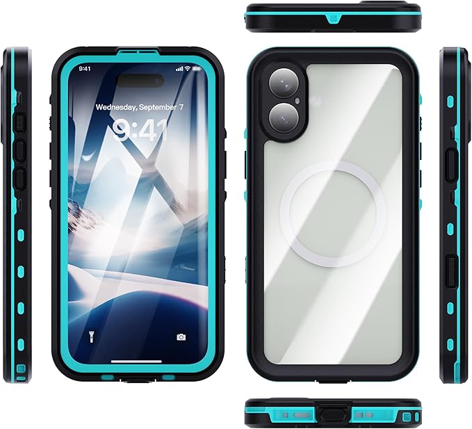 Compatible for iPhone 16 Plus Case Waterproof 【Compatible with Magsafe 】【IP68 Underwater】 Clear Magnetic Built-in Screen Protection Lanyard Diving Swim Dustproof Shockproof Blue