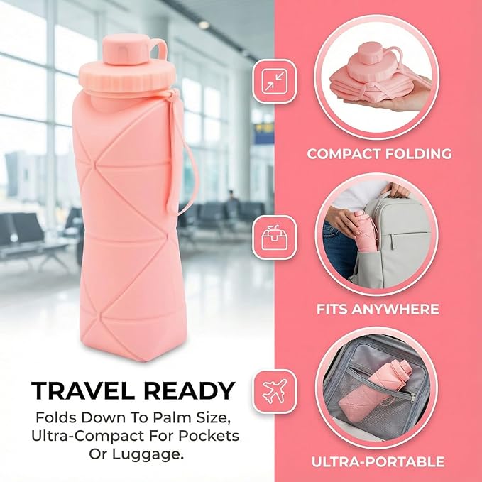 Collapsible Travel Water Bottle 20oz (600ml), BPA-Free, Foldable Silicone Lightweight Reusable Water bottle with Leak-Proof Lid & Lanyard, Portable for Travel Cycling Gym Camping (Pink)