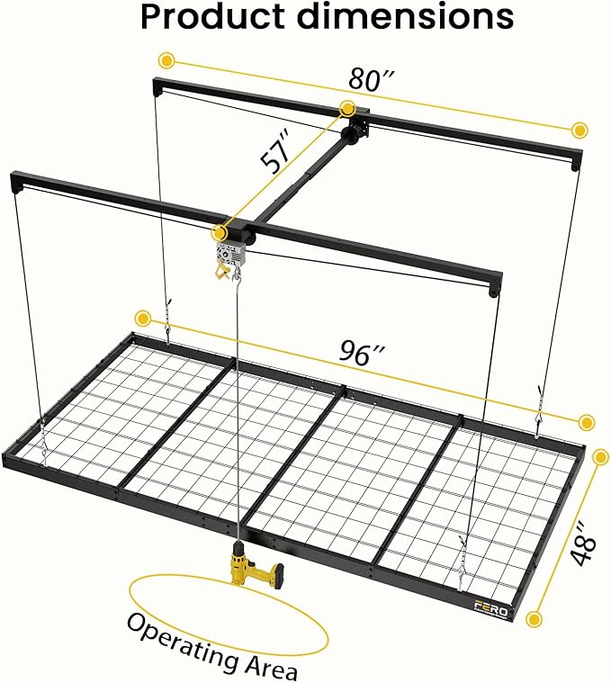 FERO Overhead Garage Storage Rack, 500 lb Capacity, 4x8 FT Garage Ceiling Storage Rack with Safety Lock, Heavy-Duty Ceiling Mounted Lift System, Drop-Down Garage Ceiling Organizer
