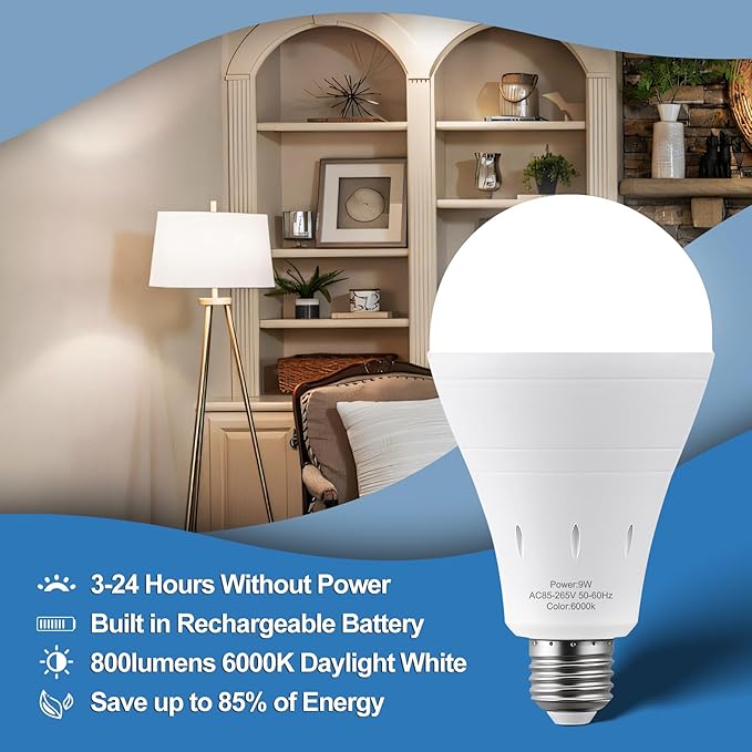 3Pack Rechargeable Emergency Light Bulb, A19 9W Warm White 6000K Self-Charging LED Light Bulb,1200mAh Battery Backup Light Bulbs for Daily,Home Emergency,Outdoor Portable Use