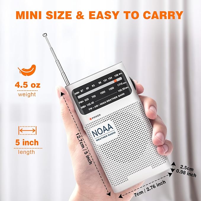Goodes NOAA Weather Radio, AM FM NOAA Emergency Radio Portable with Best Reception, Headphone Jack, Powered by 2 AA Battery, Transistor Radios Battery-Operated for Emergency, Hurricane, Home(White)