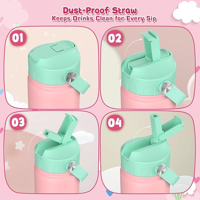 GoKEDA 18oz Kids Water Bottle, Insulated Bottles with Stickers, 18/8 Stainless Steel Vacuum Leak Proof Straw Cup for School, Gifts for Boys Girls(LightGreenBlue)
