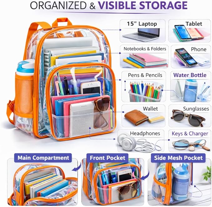 K-Cliffs Large Transparent Backpack Clear Heavy Duty School Bag Durable Student Bookbag See Through Vinyl Daypack Workbag
