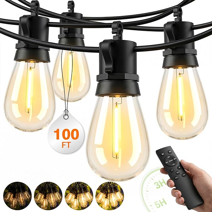 Outdoor String Lights LED Patio-Light - 100Ft Outside Waterproof Dimmable Porch Lights with Remote Shatterproof S14 Bulbs Outside Hanging Light Connectable Lighting for Gazebo Backyard Bistro Pergola