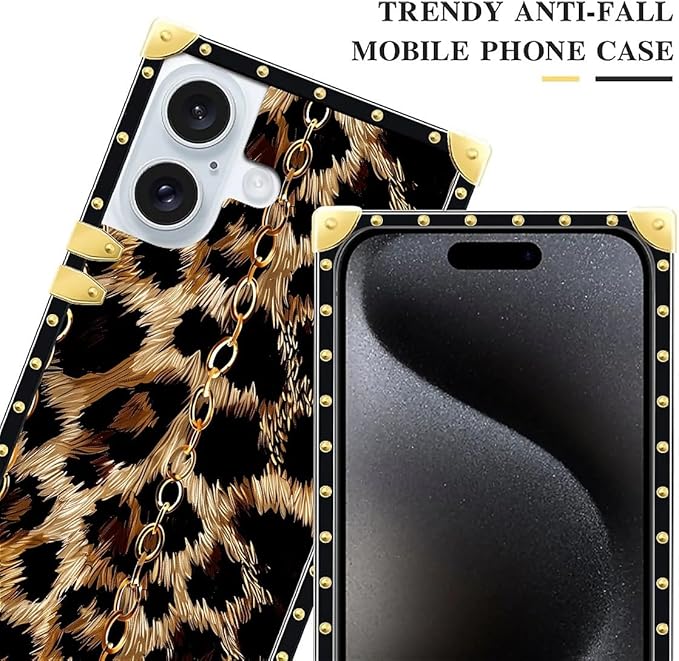 Compatible with iPhone 16 Case, Seamless Gold Chain Leopard Luxury Golden Decoration for Girl Women Soft TPU Shockproof Protective Hard PC Back