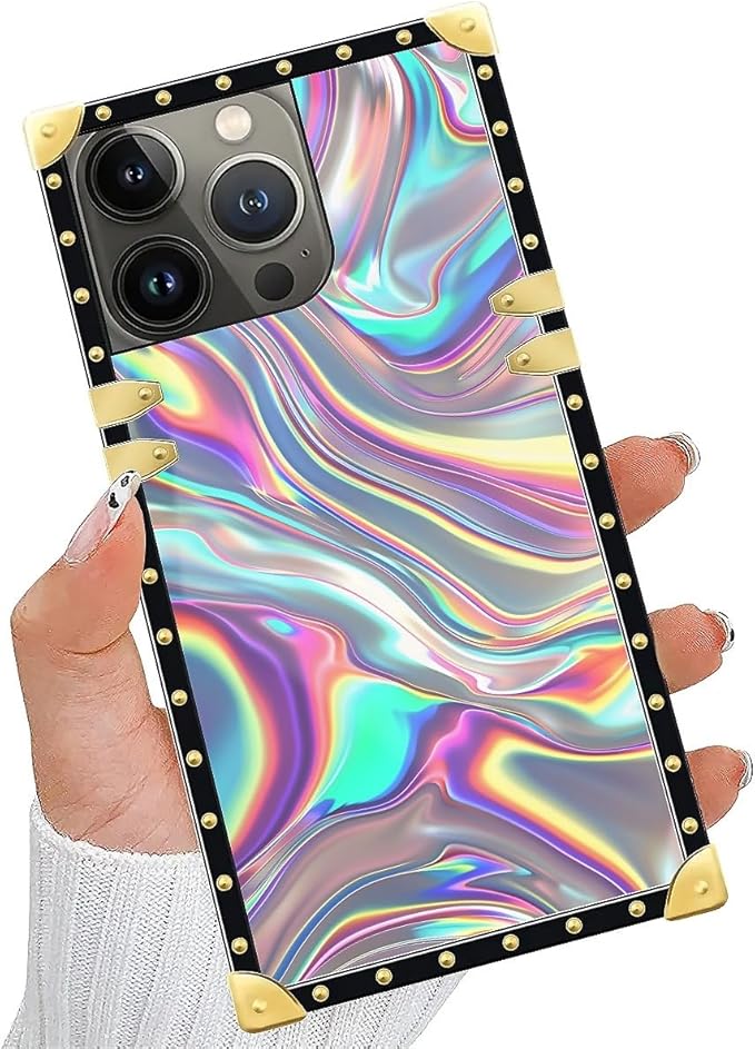 Compatible with iPhone 14 Pro Max Case, Holographic Abstract Iridescent Textures Luxury Golden Decoration for Girl Women Soft TPU Shockproof Protective Hard PC Back