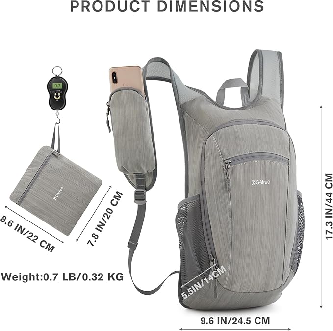 G4Free 15L Hiking Daypack Lightweight Travel Backpack Packable Outdoor Casual Foldable Shoulder Bag (Grey)