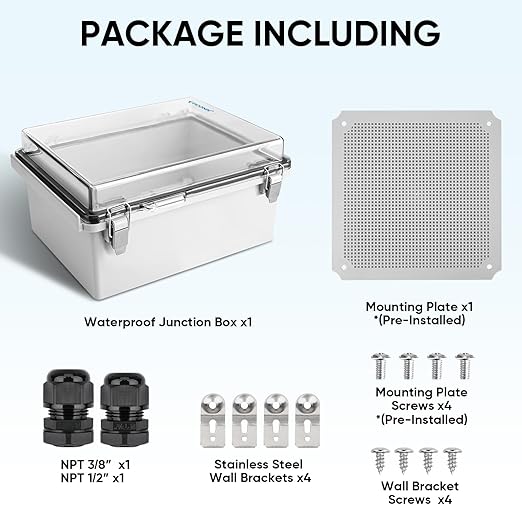 TICONN Outdoor Electrical Box Waterproof, Junction Box IP67 ABS Plastic Enclosure with Hinged Cover with Mounting Plate, Wall Brackets, Cable Glands (Clear, 11.8"x11.8"x7.1")
