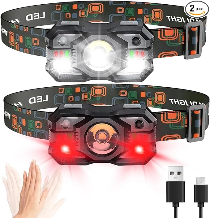 Skylla Headlamp Rechargeable,1200 Lumen Ultra Bright LED Head Lamp Flashlight with White Red Light,Motion Sensor Waterproof Headlight, 5 Modes Lights for Outdoor Camping Fishing Running (2 Pack)