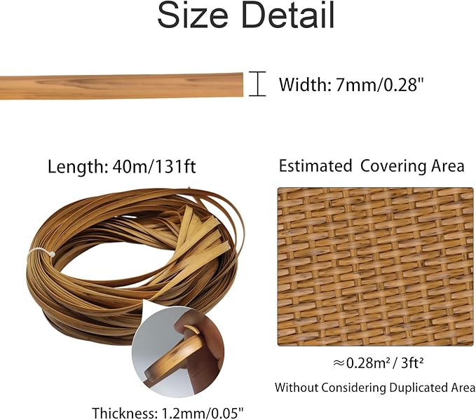 Feyart 40m/131ft 7mm Light Wood Wicker Repair Kit, PE Rattan Repair Kit for Wicker Chair Fixing, Patio Furniture Repair
