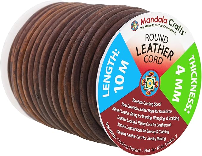 Mandala Crafts Round Genuine Distressed Brown Leather Cord for Jewelry Making – 4mm Cowhide Leather Rope String Lace for Kumihimo – 11 Yards Cowhide Craft Cording Spool