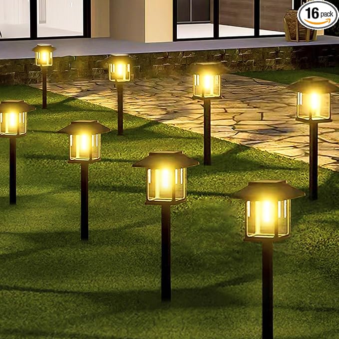 16-Pack Solar Lights Outdoor (Extra-Bright & Auto On/Off), Solar Powered Garden Lights, Outdoor Waterproof Solar Pathway Lights for Patio, Path, Yard, Landscape, Driveway, Walkway Decor (Warm White)