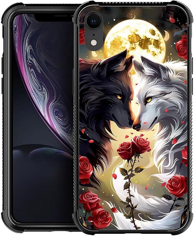 for iPhone XR Case, Black White Wolf Moon Flower Rose Pattern Graphic Design Girl Boy Soft Silicone Hard Acrylic Shock Protection for iPhone XR