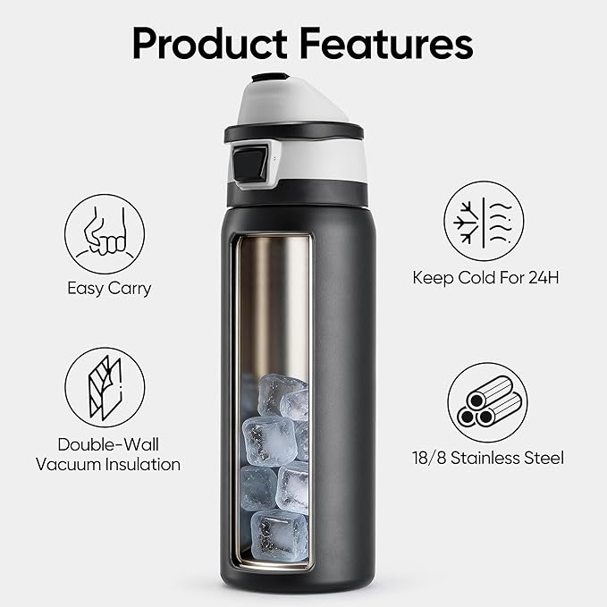 Fijinhom 32 oz Insulated Water Bottle with 2-in-1 Straw and Spout Lid, Stainless Steel Double Wall Vacuum Flask, Sports Water Bottle Keeps Cold 24H, Leak Proof for Gym, Outdoor, Travel (Black)