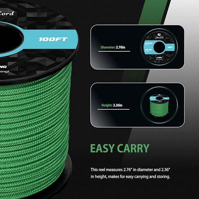 Abma Cord 2.4mm Paracord 275 100ft Nylon Rope 4 Strands Tactical Parachute Cord - Max. 275lbs - Jade Green