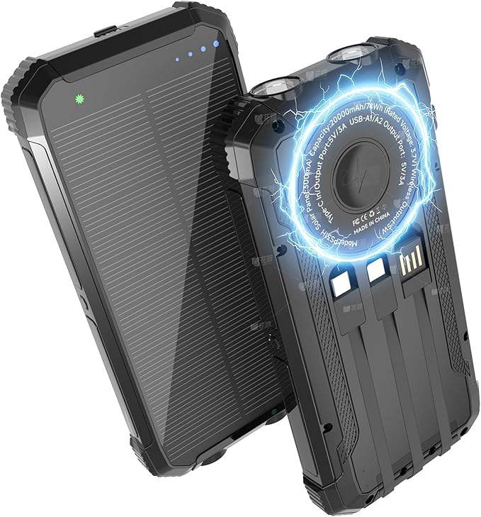 ERRBBIC Solar Power Bank 20000mAh, Portable Wireless Charger, 15W Fast Charging External Battery Pack with Dual Flashlight and USB C Outputs.