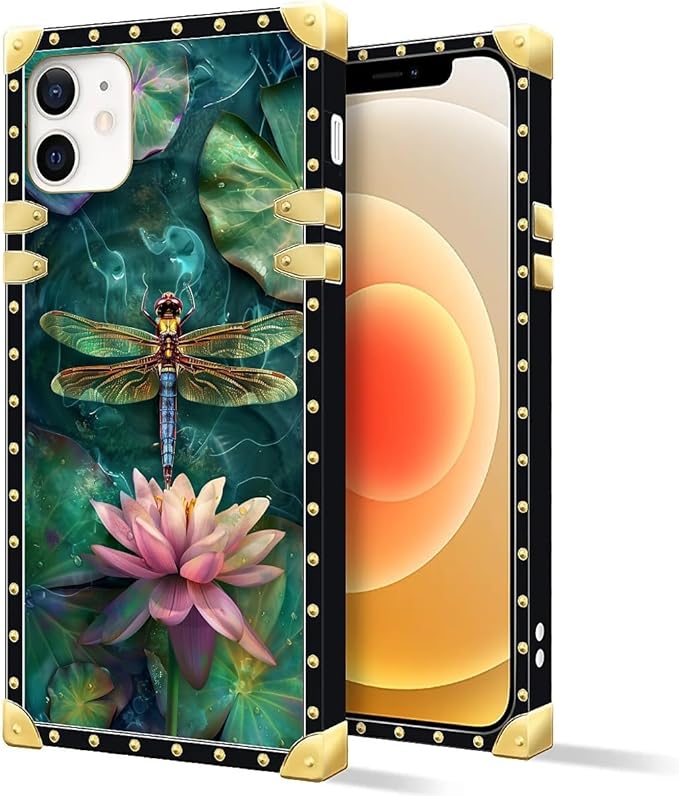 Compatible with iPhone 11 Case, Colourful Dragonfly Pink Lily Pads Luxury Golden Decoration for Girl Women Soft TPU Shockproof Protective Hard PC Back for iPhone 11