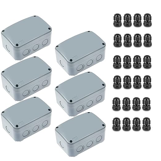 IP66 Outdoor Junction Box, Nineleaf 6PK Weatherproof Electrical Boxes with 24PK 20mm Cable Gland Kit(6 Set), PVC/ABS Plastic Enclosure Box Universal Watertight 4.9 x 3.3 x 2.3 inch (125x86x62mm)