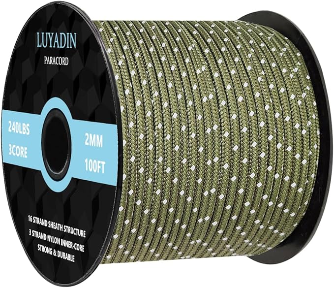 Reflective Paracord 240lb - Diameter 2mm Micro Utility Cord -3 Strand Parachute Spool Cord - 100ft 200ft,Paracord for Camping,Hiking,Fishing,Outdoor and DIY