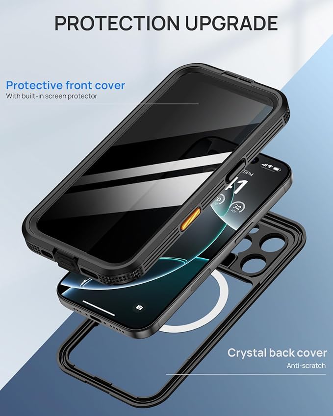 Lanhiem Magnetic for iPhone 16 Pro Max Case, Built-in Privacy Screen Protector, IP68 Waterproof Dustproof Case, Compatible with MagSafe, Anti-Spy Full Body Phone Case for iPhone 16 Pro Max 6.9", Black