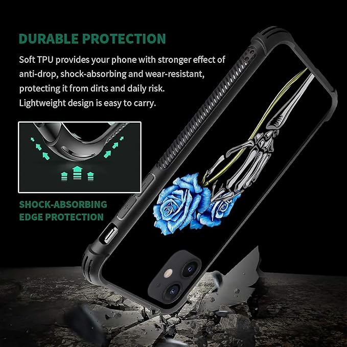 for iPhone 11 Case, Skeleton Holding Blue Rose Pattern Graphic Design Girl Boy Soft Silicone Hard Acrylic Shock Protection for iPhone 11