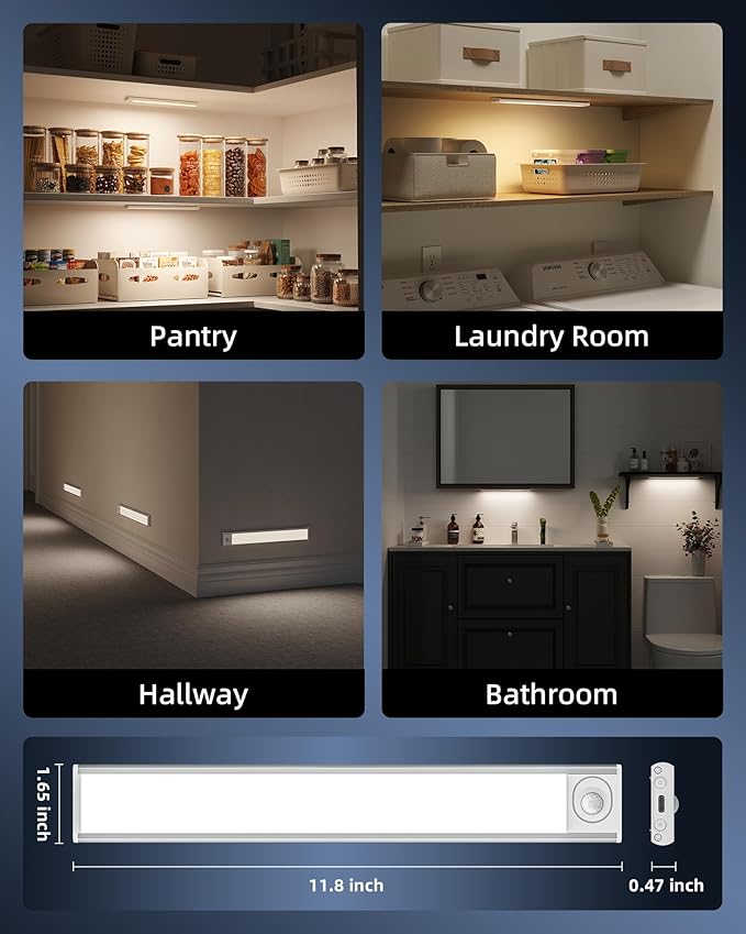 Under Cabinet Lighting, 12inch Rechargeable Motion Sensor Light Indoor, 2400mAh Battery Operated Closet Lights, with Dimmable & 3 Color Temps, Wireless Under Counter Lights for Kitchen,Stairs(6Pack) ﻿
