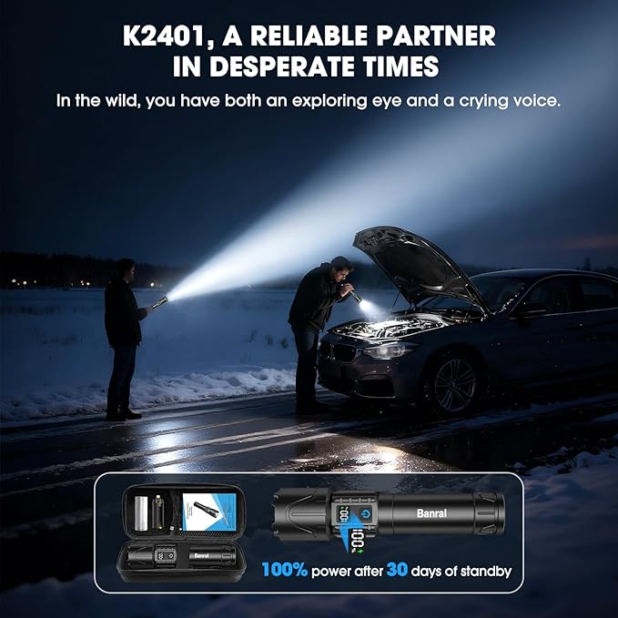 Banral Rechargeable Tactical Flashlights 2000 High Lumens - 5000mAh Super Bright LED Powerful Flash Light, Waterproof Handheld USB C Flashlight for Home,Car,Camping,Emergencies,5 Modes (2, Black)