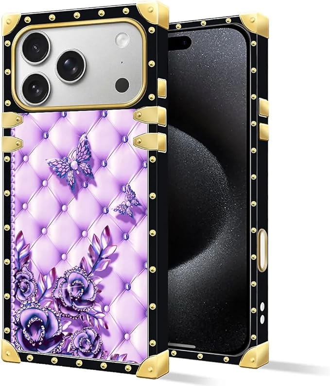 for iPhone 17 Pro Max Case Luxury Golden Decoration for Girl Women Soft TPU Shockproof Protective Hard PC Back for iPhone 17 Pro Max Crazy Pattern Purple Butterfly Flowers Leaf