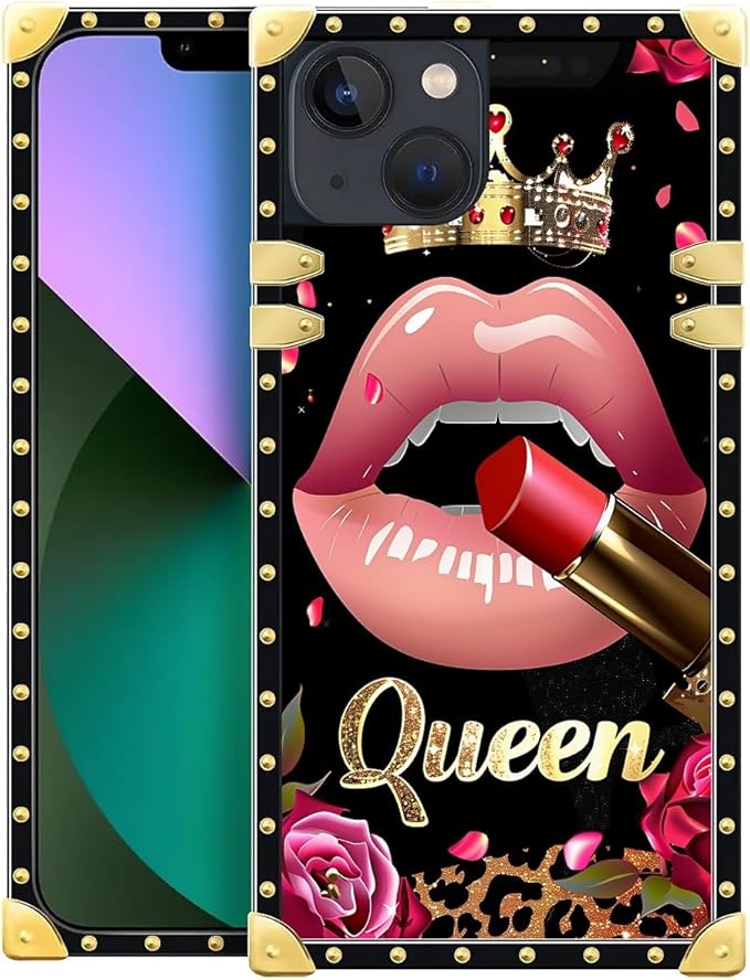Compatible with iPhone 13 Case, Glitter Red Rose Queen Leopard Lipstick Luxury Golden Decoration for Girl Women Soft TPU Shockproof Protective Hard PC Back for iPhone 13