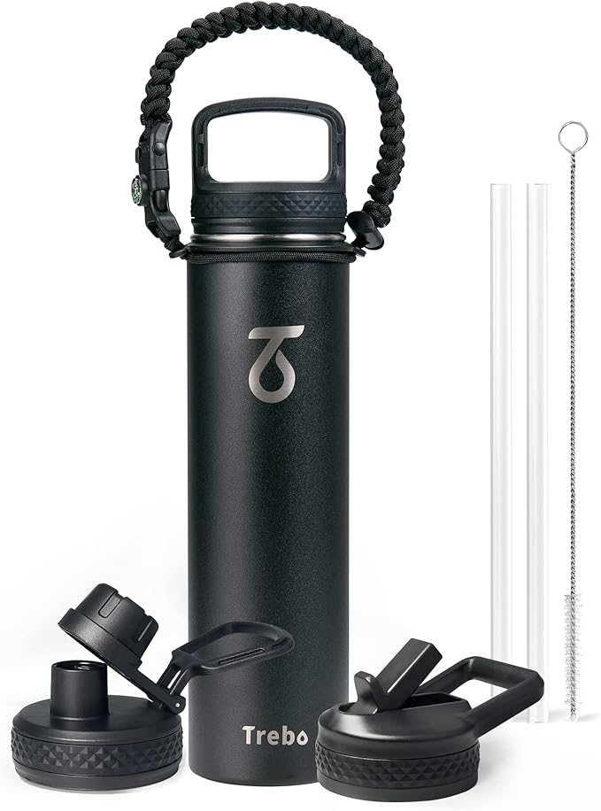 Trebo 24 oz Water Bottle Insulated with Lid and Straw,Triple Wall Vacuum Stainless Steel Metal Tumbler Sports Flask with Paracord Handle, Keep Hot 24 Hours & Cold 48 Hours Water Cup with 3 Lids, Black