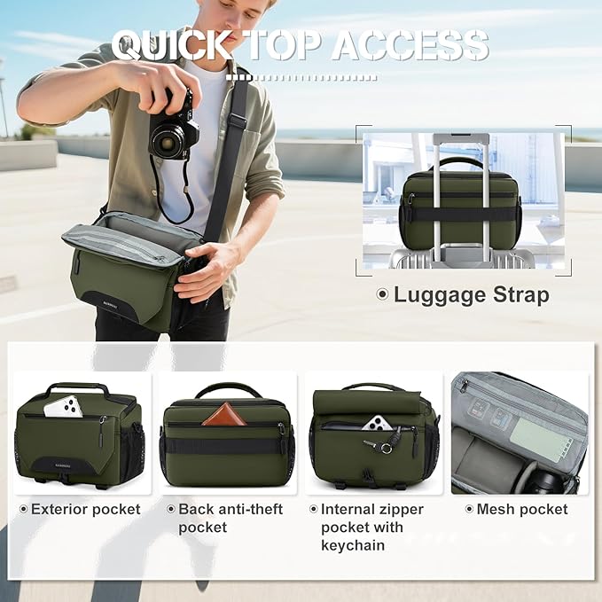 RAINSMORE Camera Bag, DSLR/SLR/Mirrorless Small Camera Sling Bag Waterproof Camera Case with Tripod Holder & Rain Cover Compact Crossbody Camera Bags for Photographers Everyday Shoulder Bags, Green