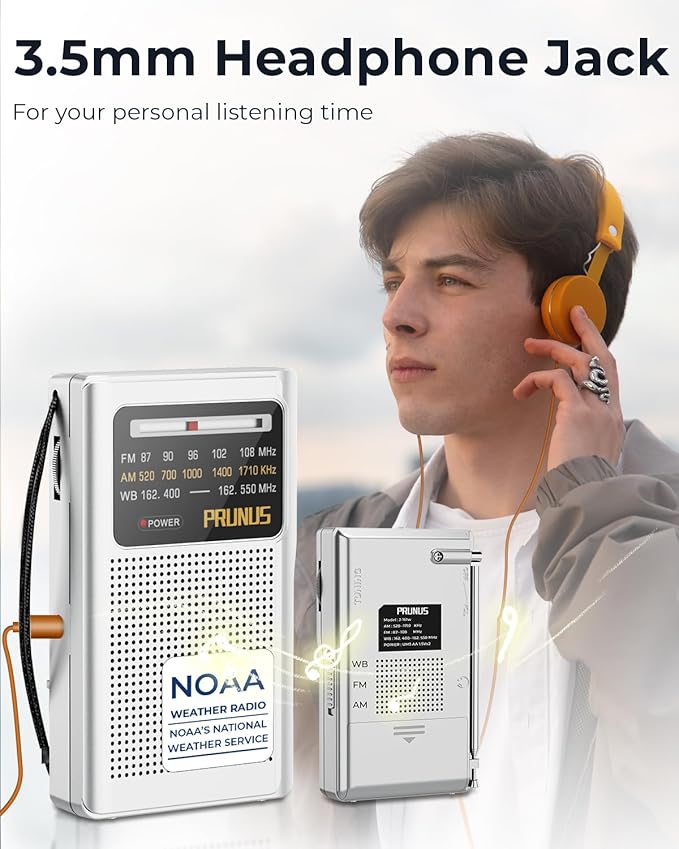PRUNUS J161 NOAA Weather Radio AM FM, Battery Operated Radio for Power Outages, Transistor Radio with Best Reception,Stereo Earphone Jack, for Emergency,Hurricane, Storm, Running, Walking,Home