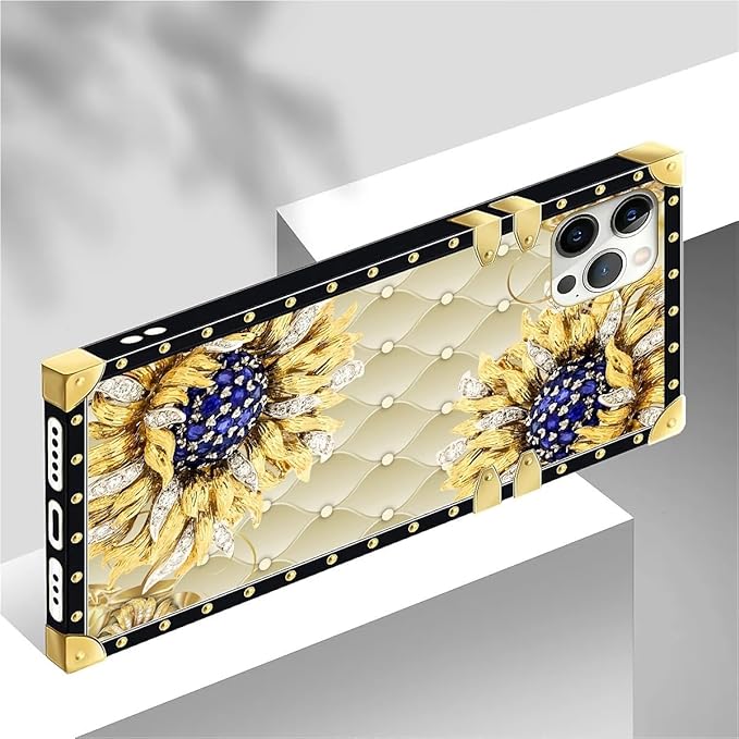 Compatible with iPhone 12 Pro Max Case, Sunflower Diamonds Leather Luxury Golden Decoration for Girl Women Soft TPU Shockproof Protective Hard PC Back for iPhone 12 Pro Max