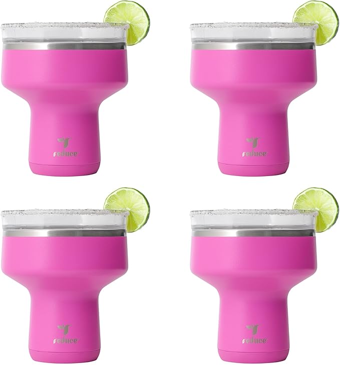 REDUCE Saltini 16oz Cocktail Tumbler - Insulated Margarita Tumbler with Lid-Keeps Drinks Cold for 10 Hours-360 Sippable Martini Glass Alternative-Shatterproof Perfect for Parties-Sunset Fuchsia-4 Pack
