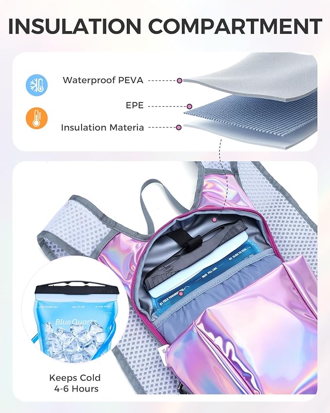 Blue Quartz Rave Hydration Backpack, Reflective Hiking Pack with 2L Water Bladder & Phone Pocket, Hydro Pack with Insulated Compartment for Festival Running Cycling for Men Women