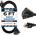 Iron Forge Cable 6 Ft Black Extension Cord with 3 Outlets - 16/3 SJTW 6 Foot Extension Cord 3 Prong, Weatherproof Exterior Power Cable for Outdoor