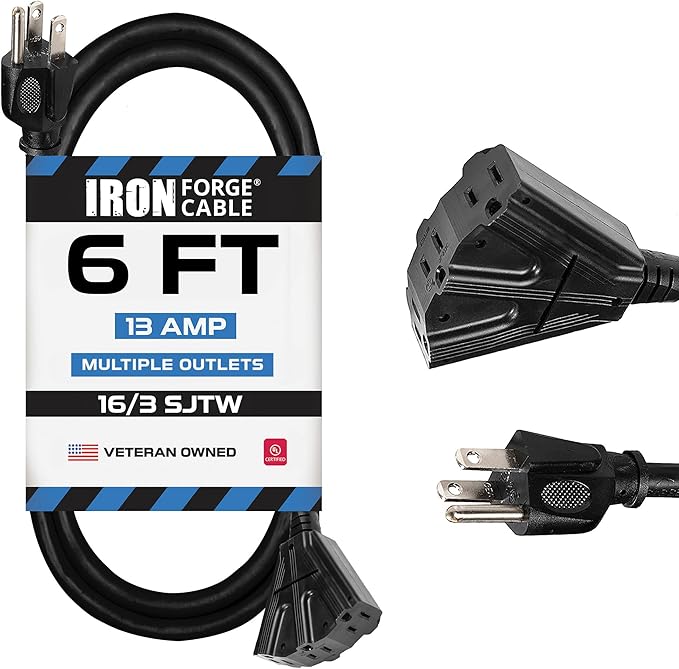 Iron Forge Cable 6 Ft Black Extension Cord with 3 Outlets - 16/3 SJTW 6 Foot Extension Cord 3 Prong, Weatherproof Exterior Power Cable for Outdoor