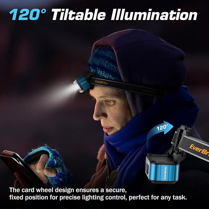 EverBrite 400LM Rechargeable Headlamp, 1.59 oz Lightweight & Comfortable Head Lamp with Hat Clip, IP67 Waterproof, White/Red/Green Light, 7 Modes for Running, Camping and Backpacking-Blue