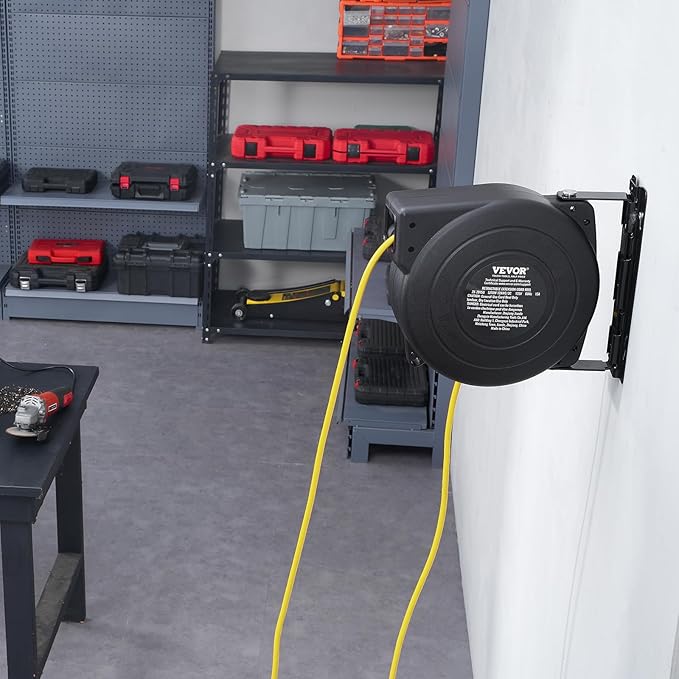 VEVOR Retractable Extension Cord Reel, 45 FT, Heavy Duty 12AWG/3C SJTOW Extension Power Cord with Lighted Triple Tap Outlet, 15A Circuit Breaker 180° Swivel Bracket for Ceiling or Wall Mount, Yellow