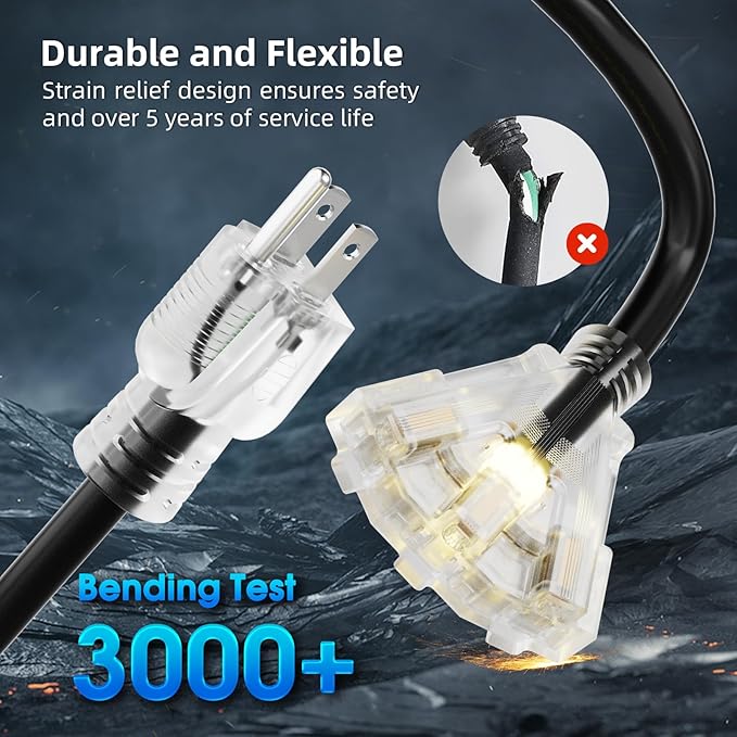 50 FT Outdoor Extension Cord with Multiple Outlets, 12 Gauge Heavy Duty Black Extension Cord Waterproof with 3 Outlet, 3 Prong Power Cord for Garden and Home Use Indicator Light, ETL Listed