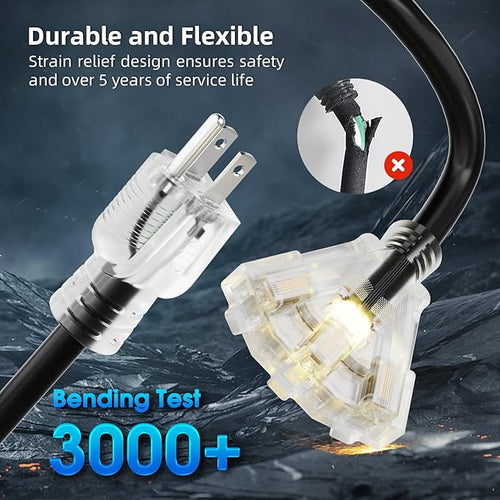 100 FT Outdoor Extension Cord with Multiple Outlets, 12 Gauge Heavy Duty Black Extension Cord Waterproof with 3 Outlet, 3 Prong Power Cord for Garden and Home Use Indicator Light, ETL Listed