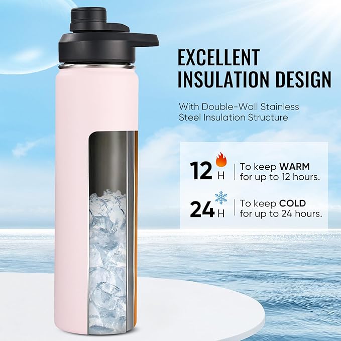 Fijinhom 24 oz Insulated Water Bottle with Handle, 304 Stainless Steel Water Bottles with Wide Mouth, Double Wall Vacuum Sports Water Bottle, BPA Free, Keep Cold and Hot, Pink