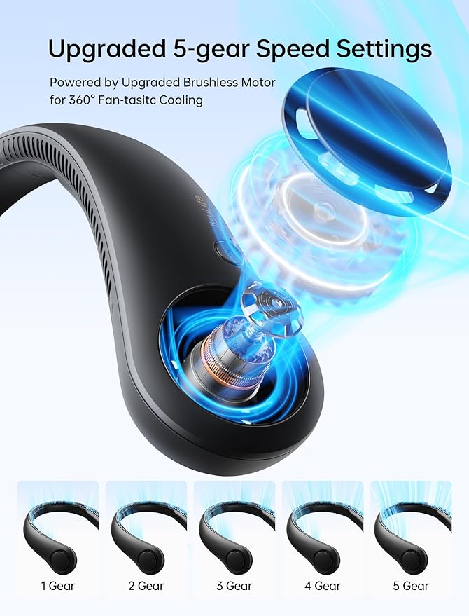 JISULIFE Portable Neck Fan, Hands-Free Bladeless, 5 Speeds, 4000 mAh Battery Operated Wearable Personal Fan, Twistable, Rechargeable, Gift for Women Men-Black